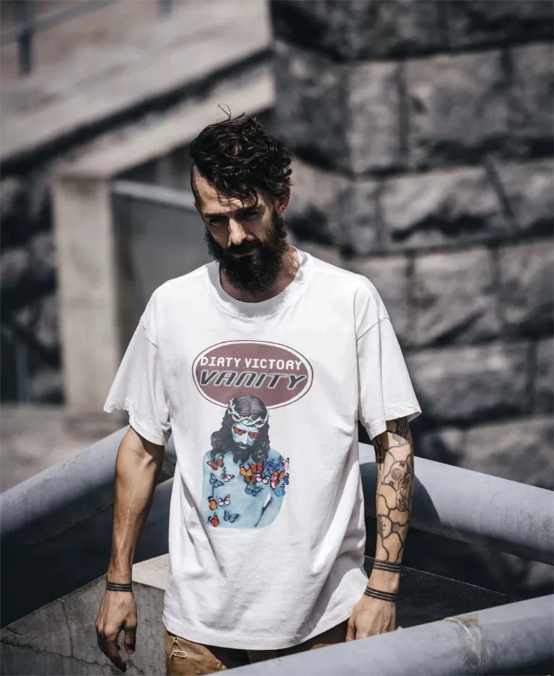 

New High Quality SAINT Printed Retro Vintage High Street Loose Washed Short Sleeved Pure Cotton Oversize Japanese Trendy T-shirt