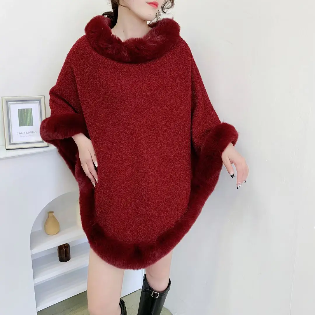 Manto de gola de pele sintética para mulheres, roupa grossa, veludo granulado, poncho quente, pulôver, xale feminino, sobretudo, outono, inverno, 6