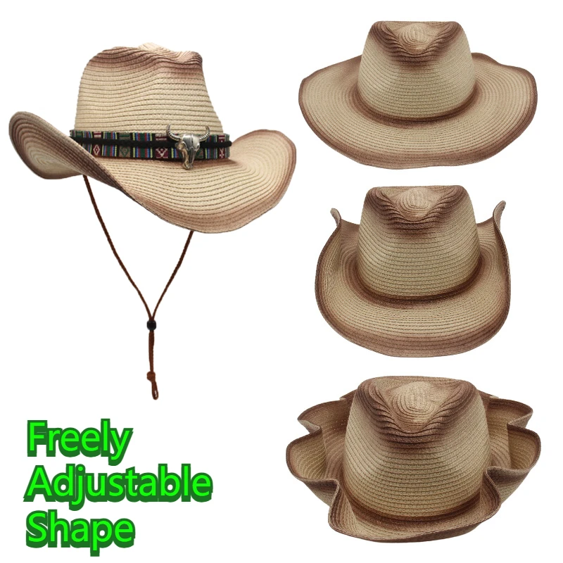 

Western Cowboy Straw Hat with Bull Head Decor – Foldable Breathable Wide Brim Outdoor Hat with Windproof Strap for Men and Women