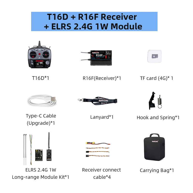 Radiolink T16D 16 kanalen 2.4G RC-zender en R16F-ontvanger ELRS-moduleondersteuning, RC-radio voor FPV Drone Vliegtuighelikopter