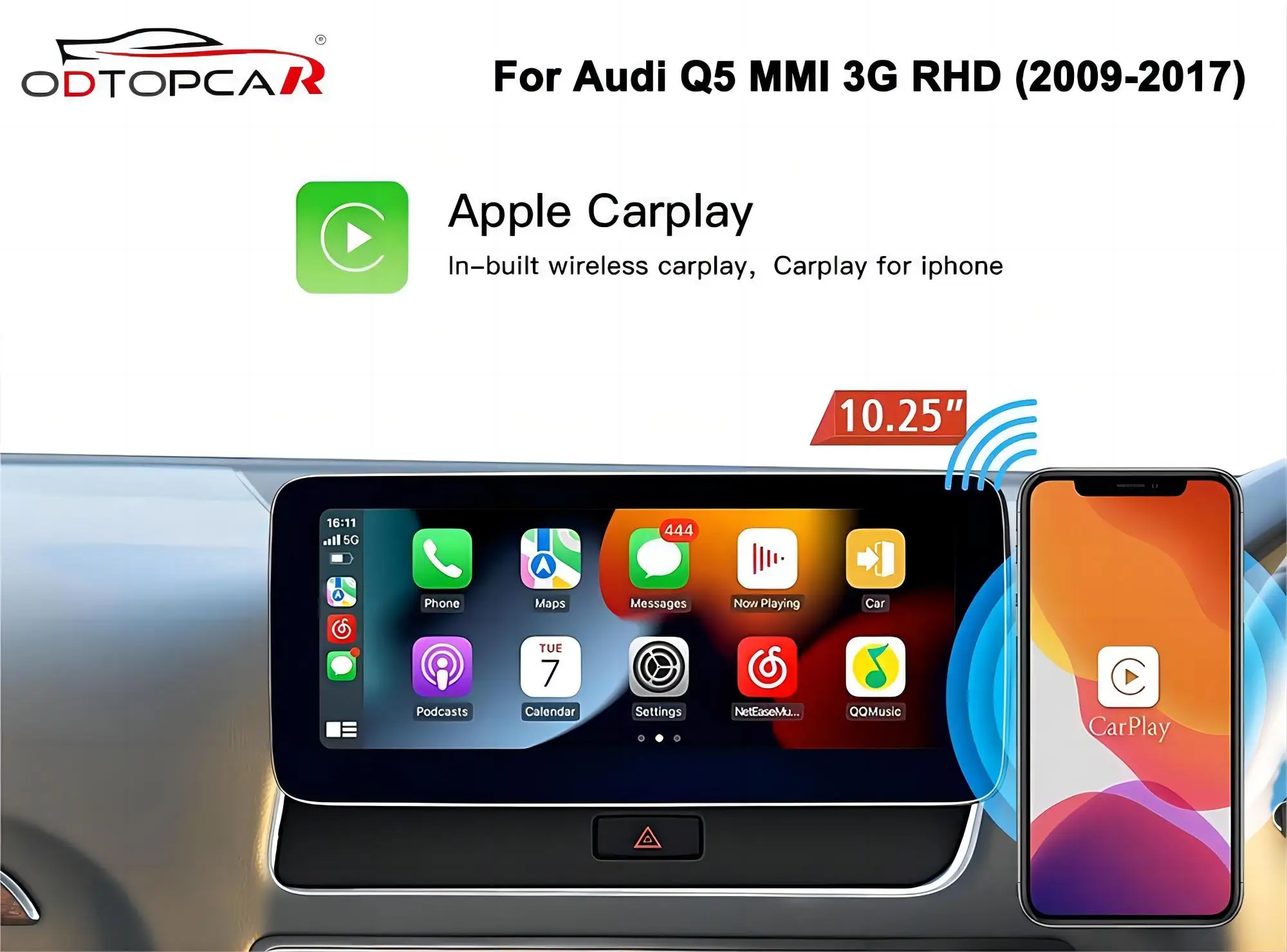 

ODTOPCAR Audi Q5 8R MMI 3G RHD 10.25 inch Touch Screen Android 13 System Carplay SWC Mirrorlink GPS Live Navigation