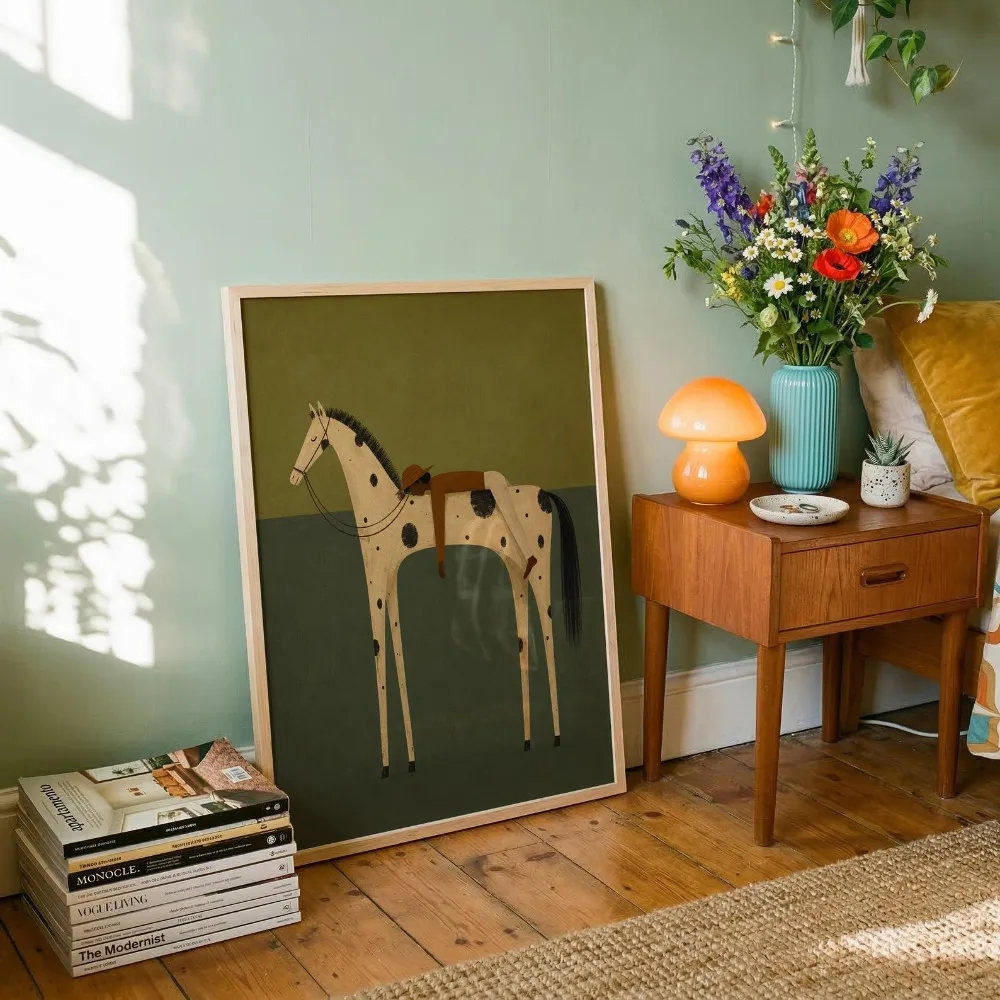 Surrealist Woman on Frameless Spotted Horse Print,Olive Green Minimalist Equestrian,Fantastic Modern Western Poster Download