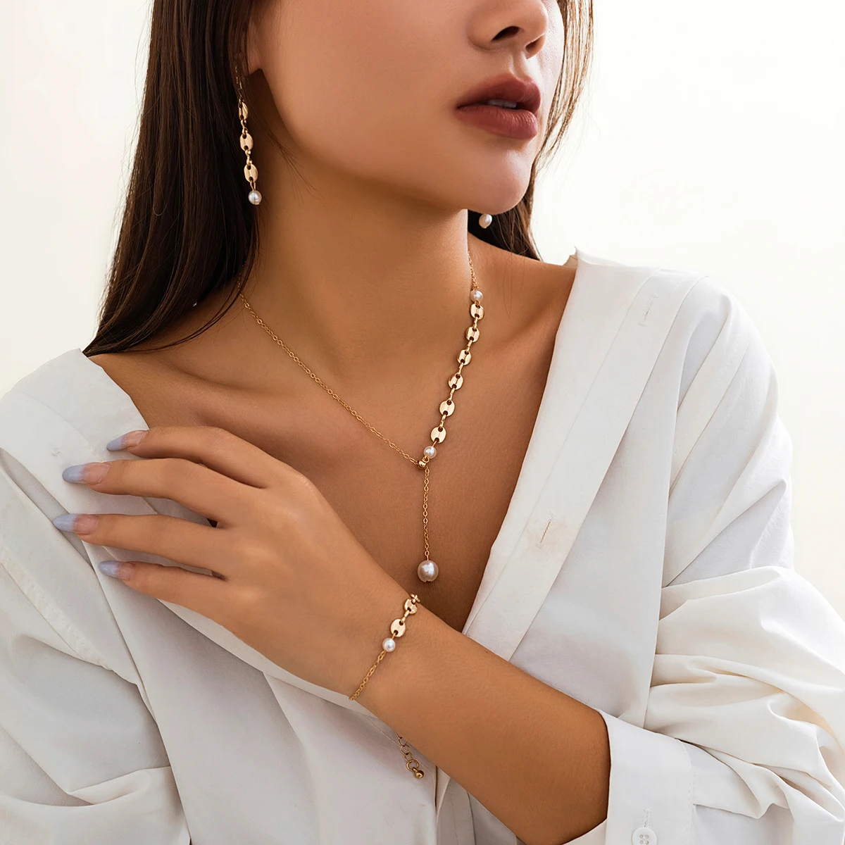 

Asymmetrical Chains with Imitation Pearl Pendants Necklace for Women Trendy Necklace/Bracelet/Earrings Jewelry Sets 2023 Fashion