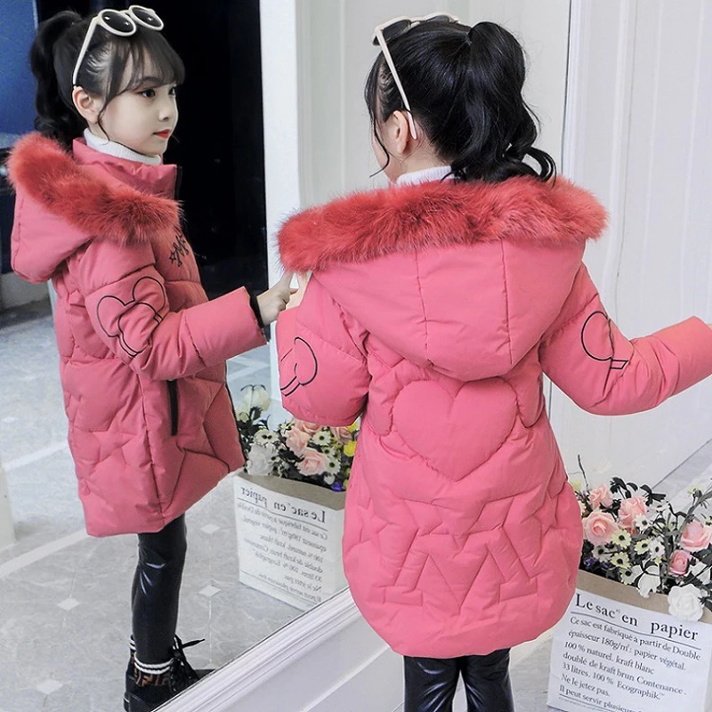 5-12 Years Girls Jacket 2023 Winter New Fashion Printing Plush Velvet Thicken Cold Protection Hooded Windbreaker Coat