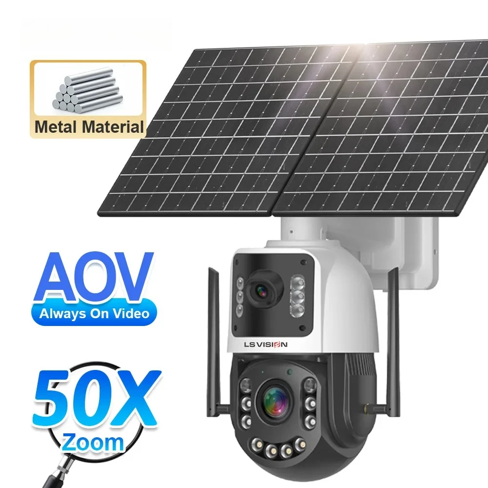 

LS VISION 20W Outdoor Solar Network Camera 4MP Dual Lens With 50X Zoom Waterproof 24/7 4G PTZ AOV Solar CCTV 24/7 PTZ 4G Camera