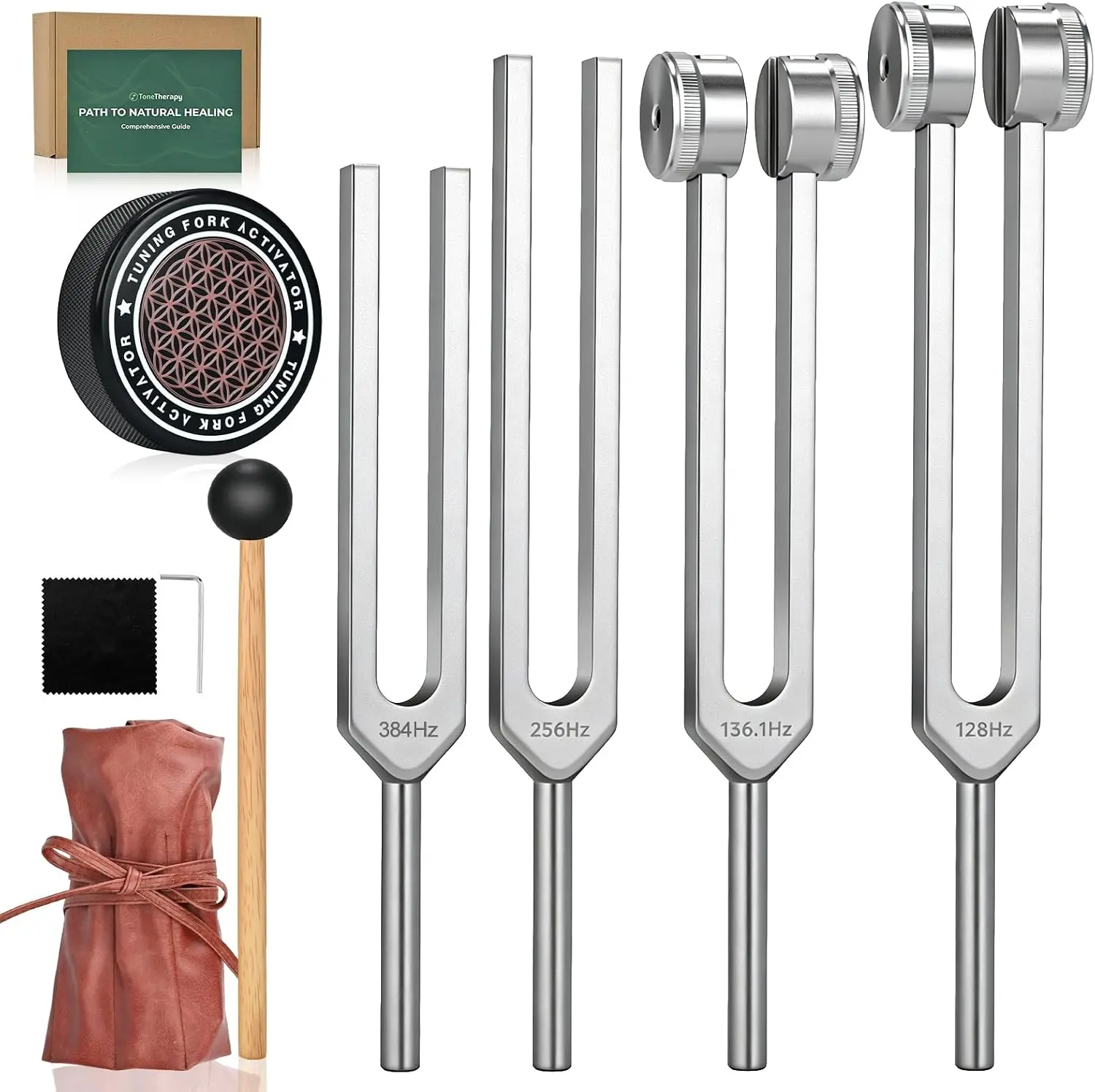 Tuning Forks Healing Set 4PCS 128/136.1/256/384Hz with Activator & Hammer, Medical Grade Sound Therapy for Stress Relief, Yoga, Chakra