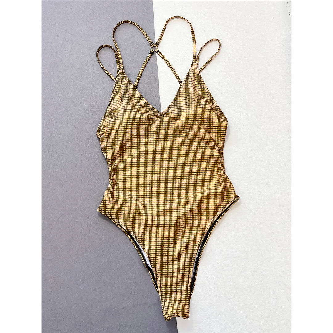 Sexy Badeanzug mit goldenen Pailletten, überkreuztem Rücken, einteilig, Damen-Bademode, Scrunch-Butt-Effekt, hoher Beinausschnitt, Badeanzug, Schwimmanzug V4967 – Detail 8