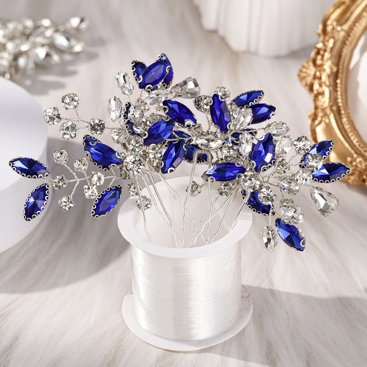 Forcine per capelli eleganti da sposa in cristallo blu, foglie di moda, strass, fermagli per capelli, copricapo per le donne, gioielli per feste, accessori per capelli