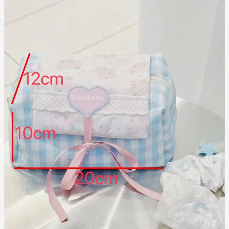 Cute Bow Pencil Case Cosmetics Storage Bag, Niche Grid Portable Large Capacity Student Travel Makeup Bag Korean Stationery Gift