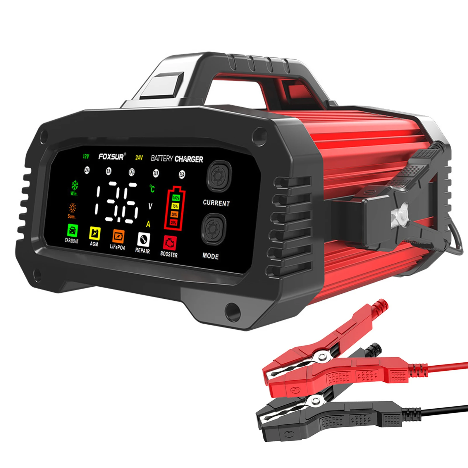 FOXSUR 25A Smart Car Battery  12V/25A 24V/15A Portable Battery  Optional Charging Current Aluminum Alloy Shell wit