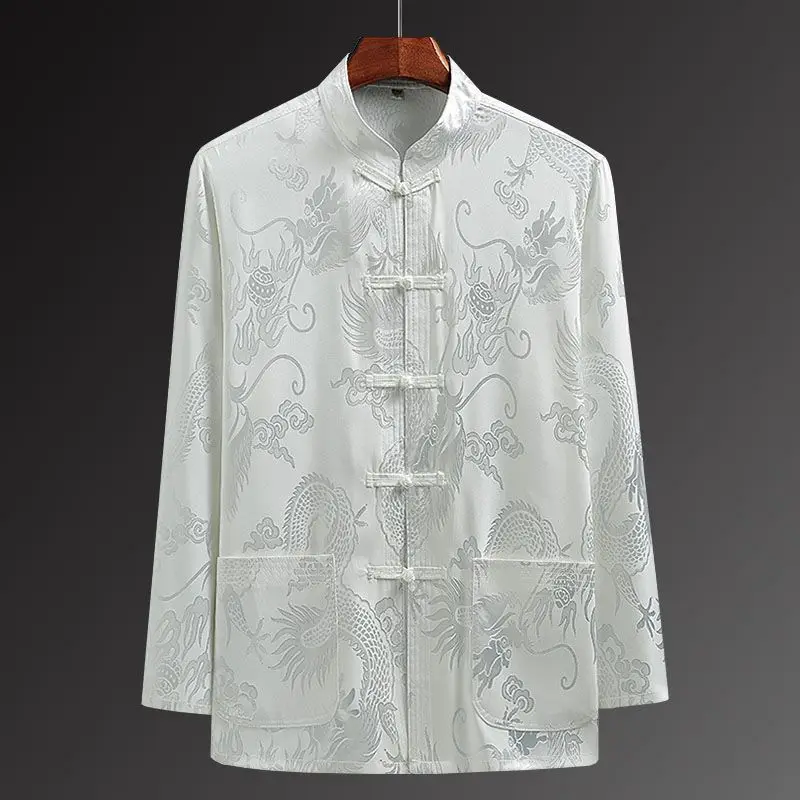 الرجال النمط الصيني أعلى الساتان تانغ الملابس التقليد تشيباو أعلى خمر الكونغ فو تاي تشي زي الجاكار التنين قميص معطف كبير الحجم