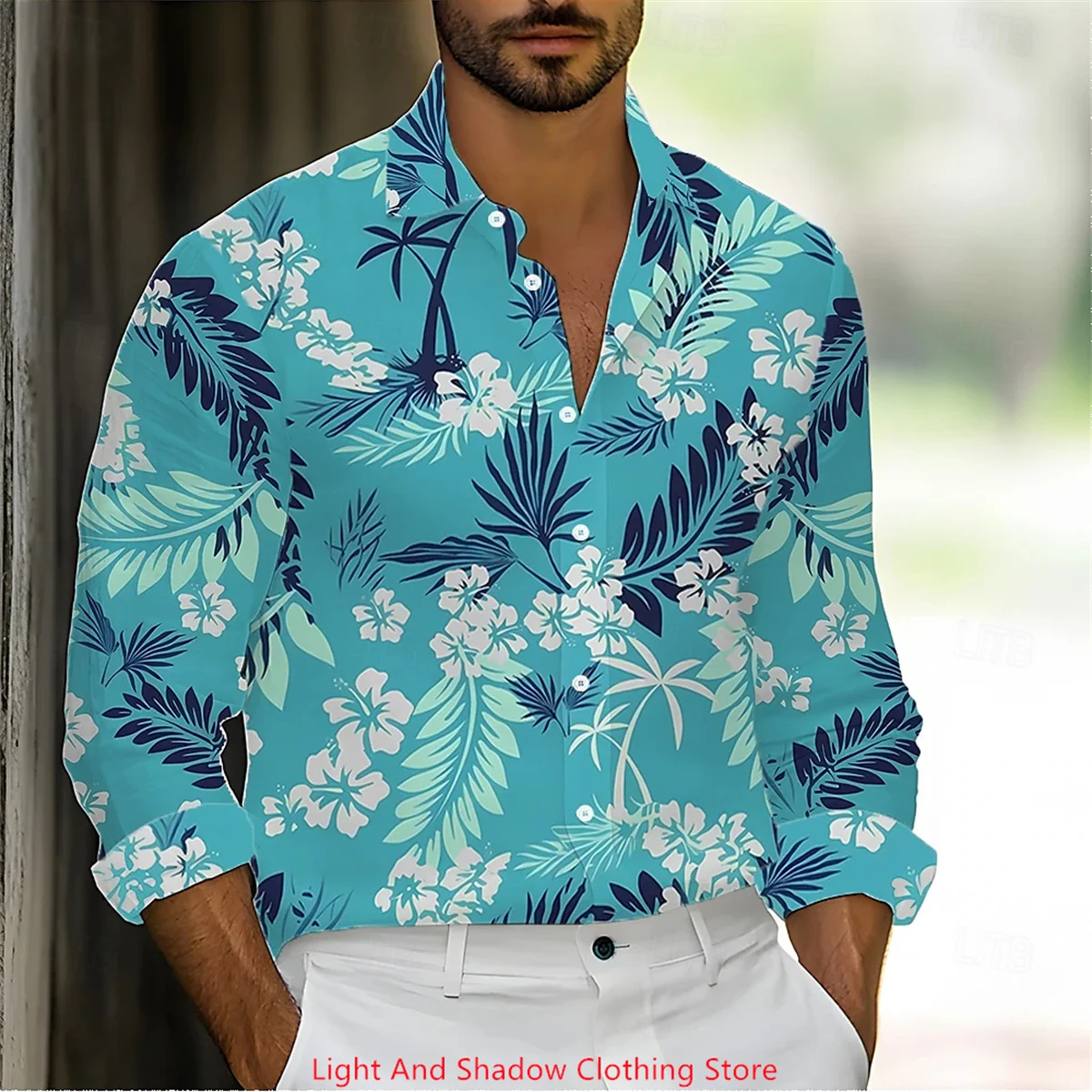 Men's Tropical Plant Palm Tree Pattern Printed Shirt Fashion Hawaiian Style Long Sleeve Collar Shirt Street Comfort Shirt