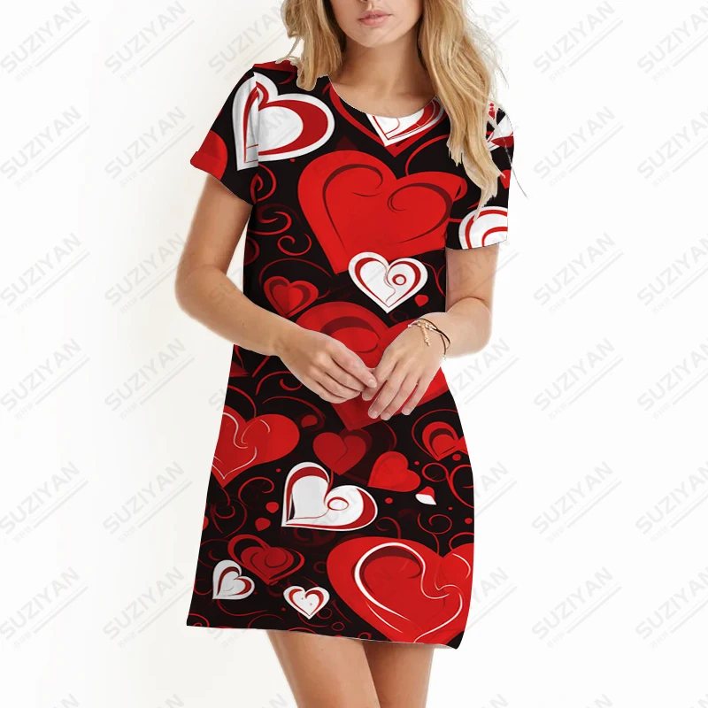 Office Ladies Work Dress Short Sleeve Basic Summer Dress Love 3D Printing Dress Fashion Versatile Short Sleeve Dress