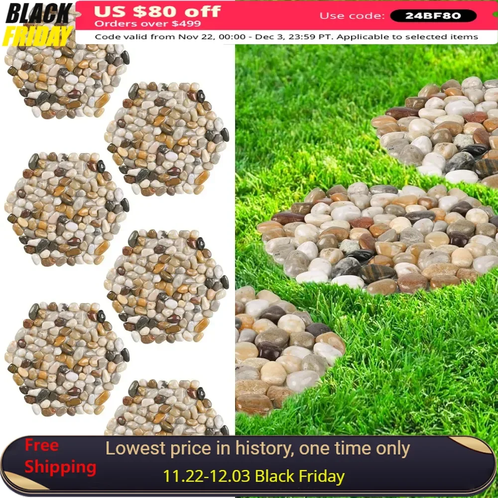 12 Inch 6 Pc Decorative Pebble Stepping, Hexagon Shape Paver Step Stones for Yard Lawn Patio Pathway Walk Way, Decorative Pebble