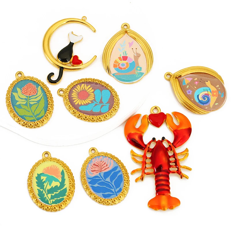 2pcs/lot Stainless Steel Colorful Enamel Lobster/Snail Charms Pendants for DIY Bracelets Jewelry Earrings Making Accessories