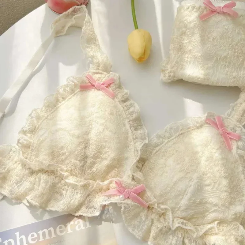 French Retro Lolita Lace Fringed Bra Without Steel Rings, Sweet Japanese-Style Bra Cover