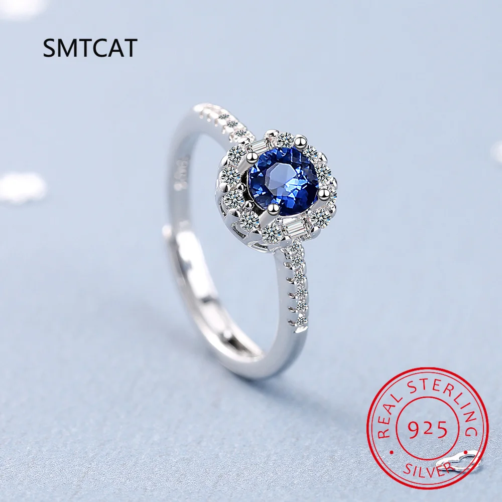 

925 Sterling Silver New Woman Fashion Jewelry High Quality Crystal Zircon Blue Sapphire Open Adjustable Ring anillos mujer