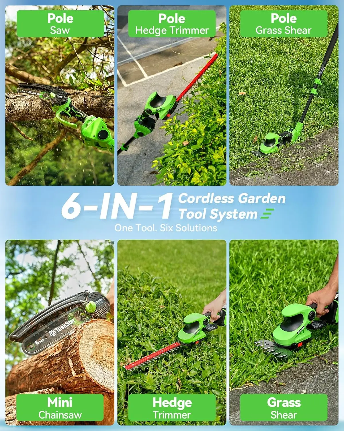 6 In 1 Wireless Pole Saw Hedge Cutter Combo Grass Shears