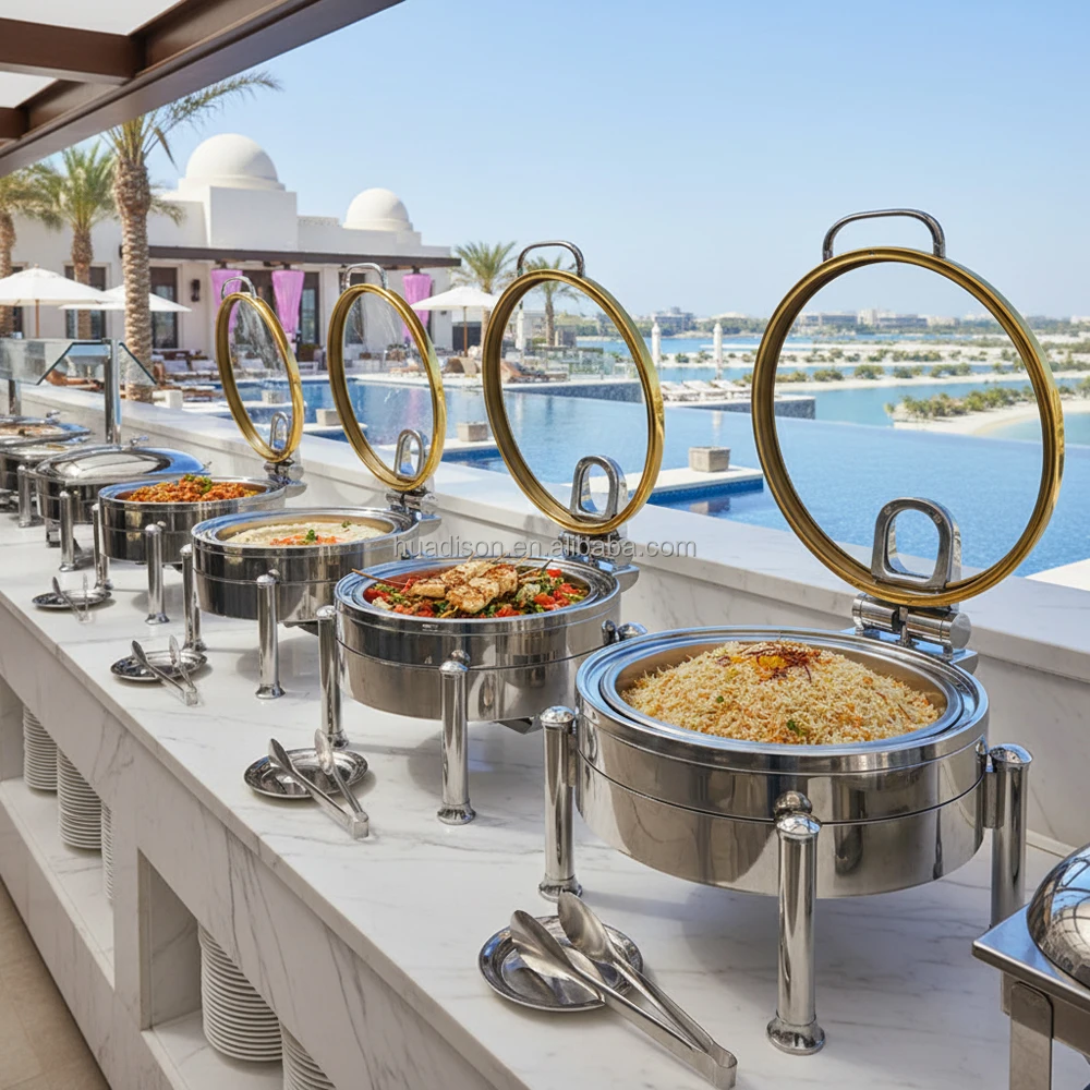 Huadison Restaurant Supplies Chaffing Dishes Luxury Gold And Silver Round Hydraulic Stainless Steel Chafing Dishes For Catering