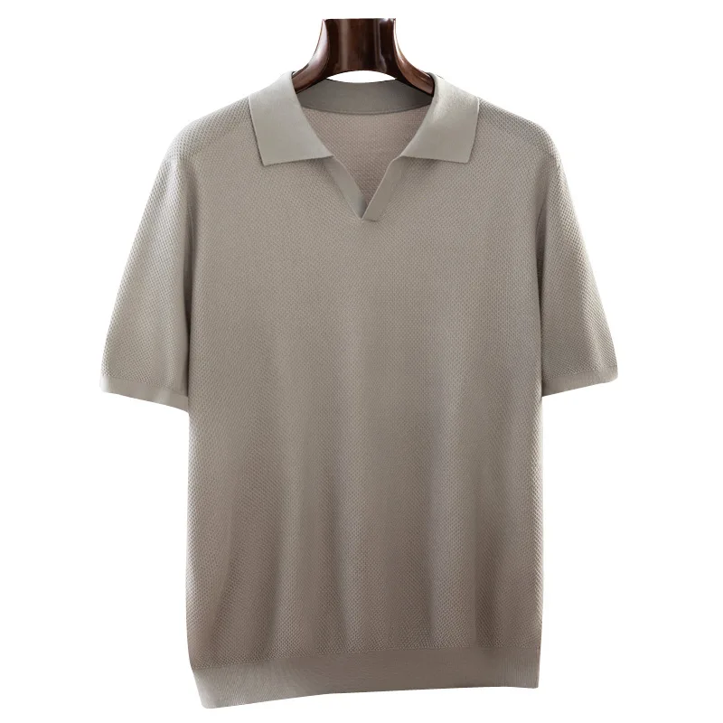 % Silk Knitted Short Sleeve-Shirt Men, Thin Summer Fashion Collar Knitted Half Sleeve