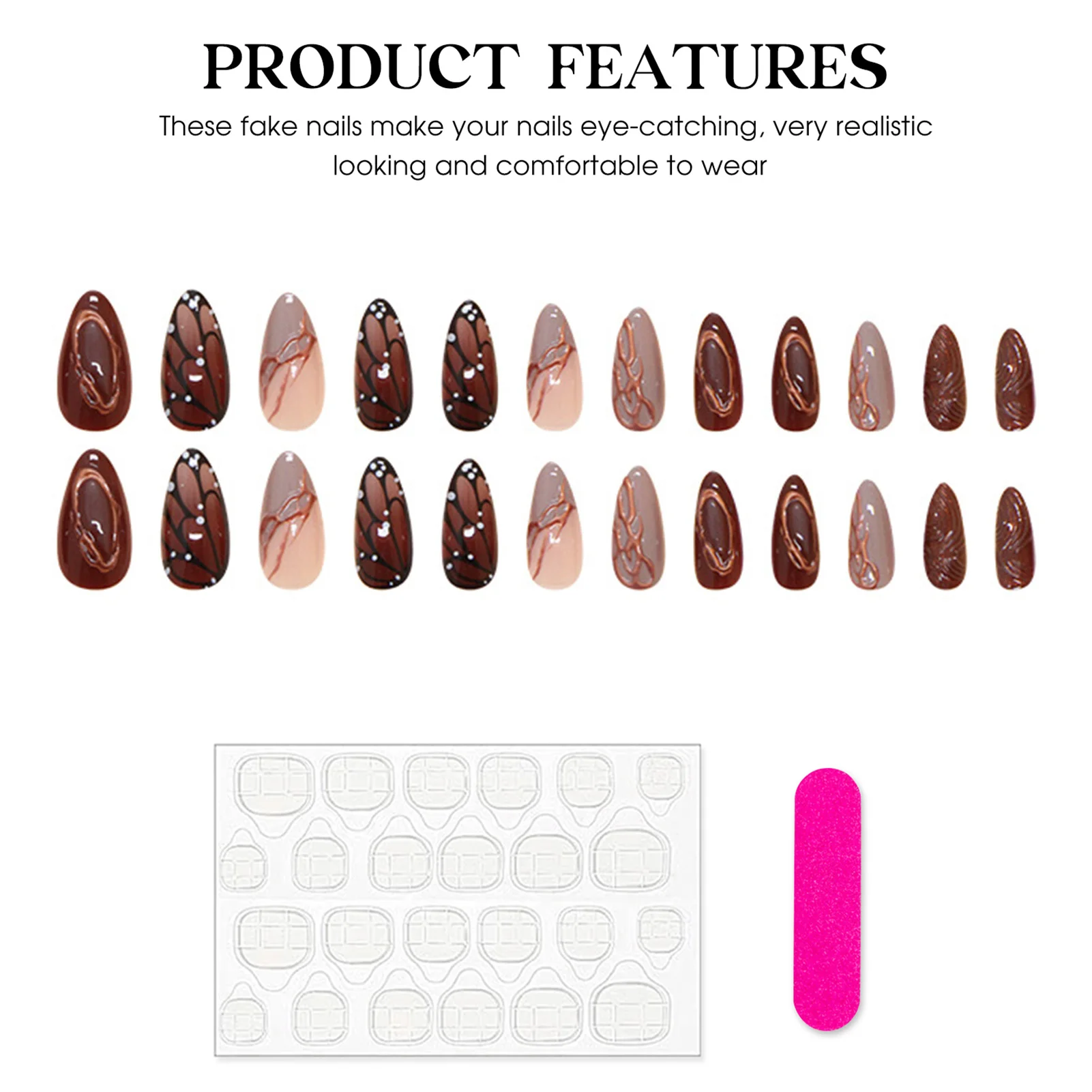 Short Almonds French False Nails Fancy Lines Pattern Charming Press On Nails for Festivals Nail Salon Cosplay