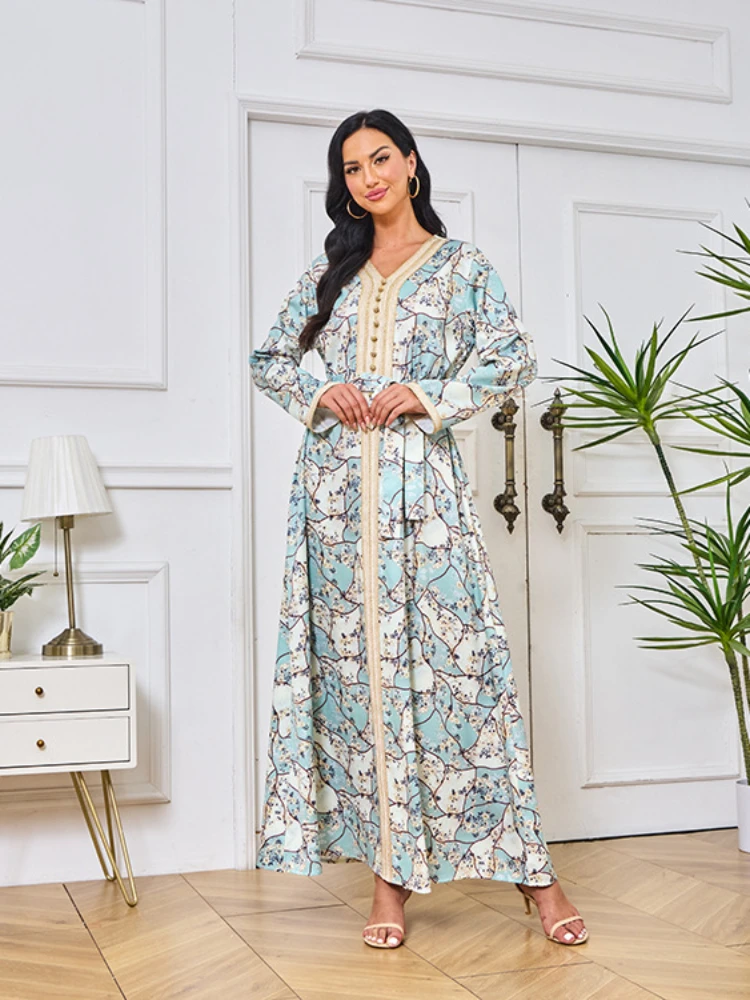 

Floral Print Dresses Muslim Women Long Sleeve Party Maxi Dress Belted Elegant Moroccan Kaftan Turkey Robe Abaya Eid Jalabiya