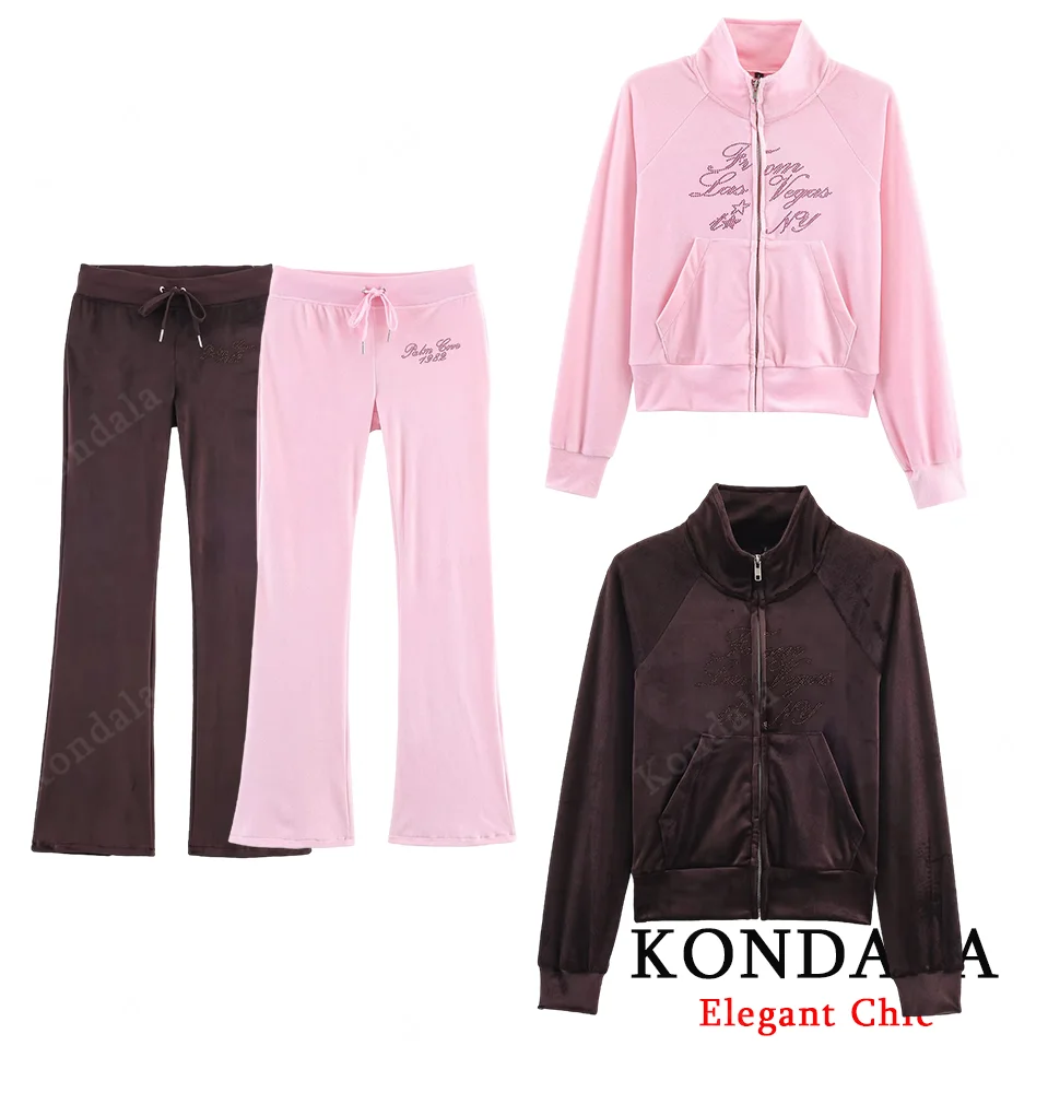 

KONDALA женский элегантный бархатный комплект брюк с буквенным принтом и карманом на молнии, длинные брюки, новинка 2025 года, весенне-осенний модный комплект спортивных брюк