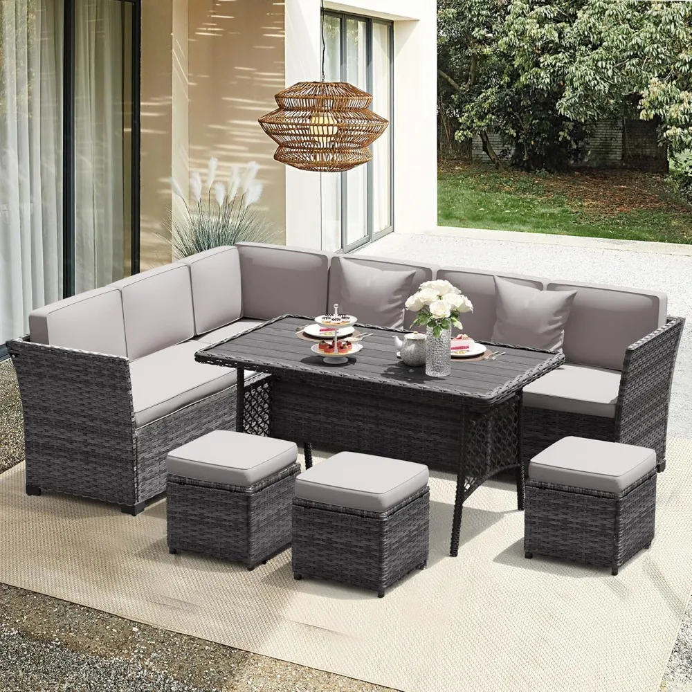 

Patio Furniture Set, 7 Pieces Outdoor Dining Sets, All Weather Rattan Conversation Set Outdoor Dining Sectional Sofa with Large
