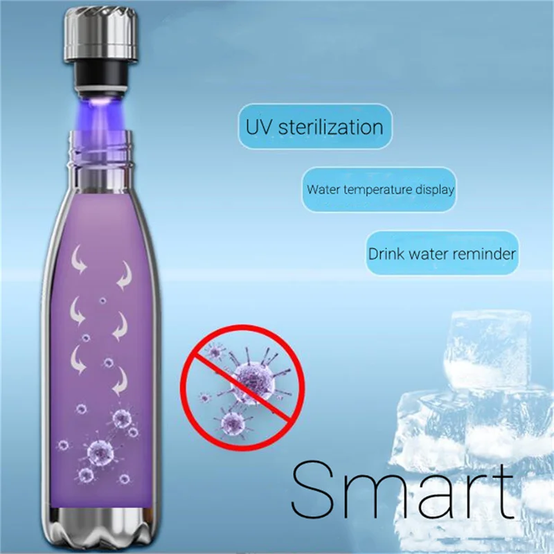 Smart Water Bottle Reminder to Drink Stainless Steel Insulated 500ml Digital Temperature Display Uv Self Cleaning Thermal Bottle