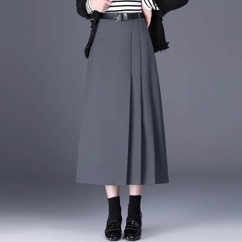 

Women Chic Pleated Spliced A-line Long Skirt Spring Autumn Office Lady Elegant Korean Loose Casual Gray Black Skirts M-4XL 1682