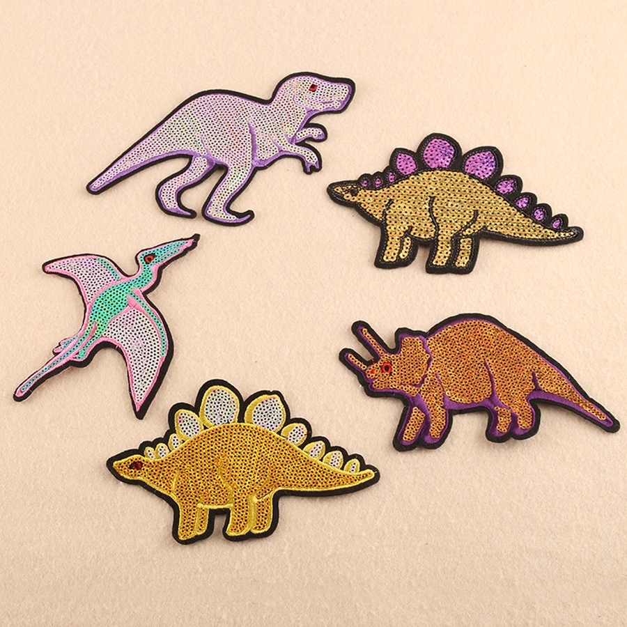 Embroidery Sequin Sewing Iron On Dinosaur Patches For Clothing Thermoadhesive Adhesive Transfer Appliques Stitch Stuff Stickers