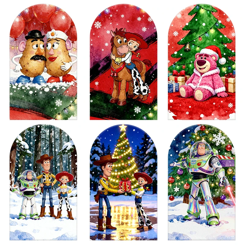 

Toy Story Christmas Arch Backdrop Cover Woody/Buzz Bear Watercolor Xmas Style Birthday & Baby Shower Party Photo Booth