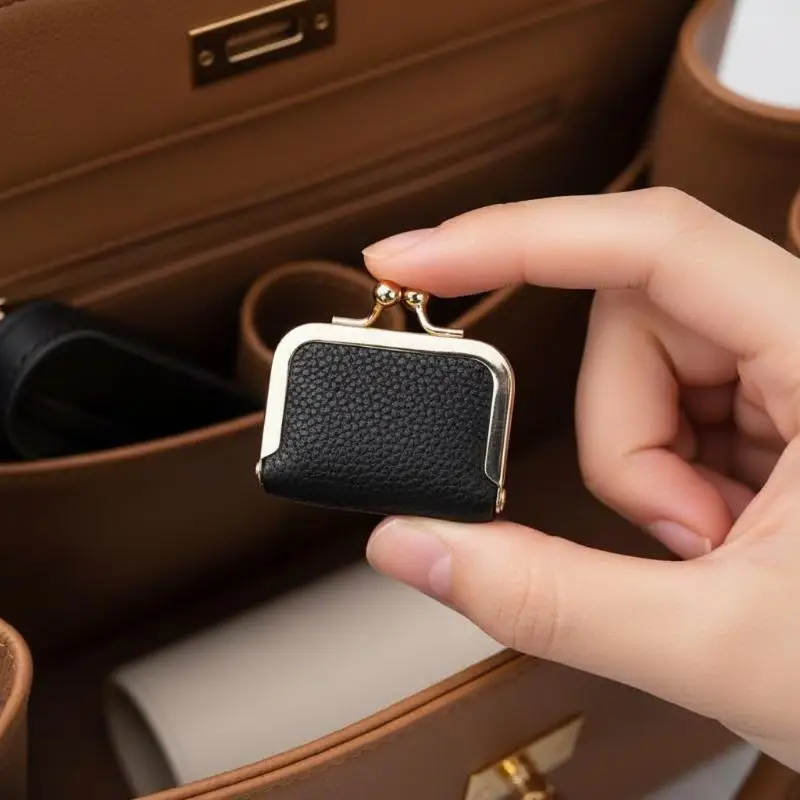 Wallet Genuine Leather Kiss Lock Coin Purse Solid Color Square Leather Jewelry Bag Multifunctional Mini Small Item Bag Earrings