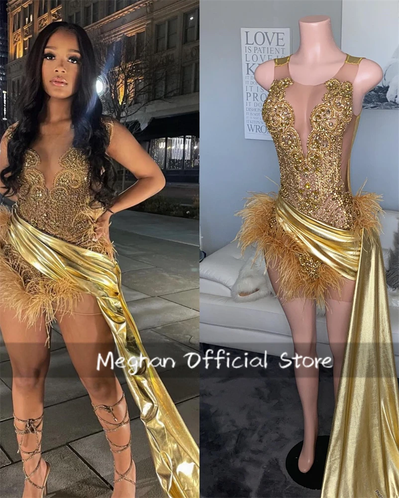 Gold Short Prom Dress Bead Crystal Rhinestone 2024 Birthday Luxury Dress Feather Mini Cocktail Homecoming With Train Customized