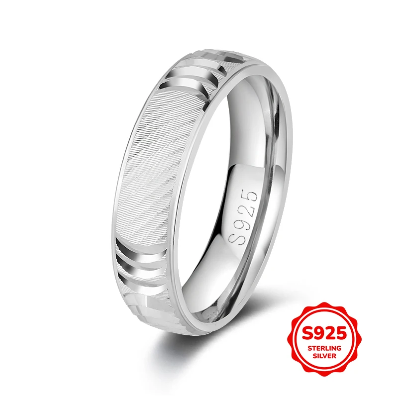 

Minimalist S925 Silver Glossy Stripe Couple Wedding Ring Women Valentine's Day Gift Jewelry Men