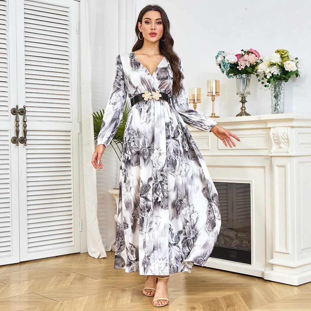 

Ближний Восток, модное повседневное платье с принтом, длинное платье с длинным рукавом до щиколотки, новинка 2025 года, платье для похудения с v-образным вырезом на талии