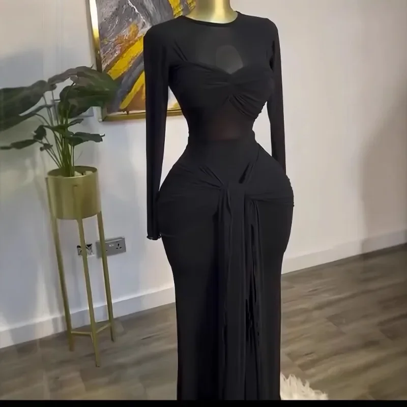 2025 Spring Sheer Mesh Patchwork Lace Up Ribbon Bodycon Maxi Party Dress Twist O-neck Full Sleeve Clubwear Birthday Long Robe