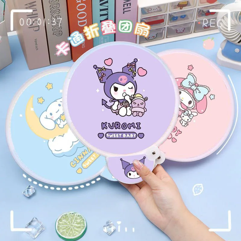 Sanrio Cartoon Kuromi Portable Folding Fan Kawaii Cinnamoroll Circular Fans Pink Hello Kitty Cooling Girl Pufan with Storage Bag