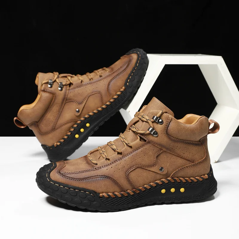

Large size men's leather boots, men's stitched shoes, flat-soled lace-up boots, outdoor high-top shoes