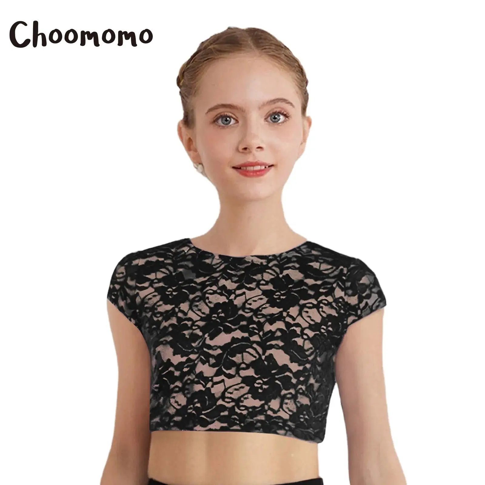 

Children Kids Girls Lace Dance Performance Top Costume Cap Sleeves Round Neck V-Back Floral Lace Crop Top