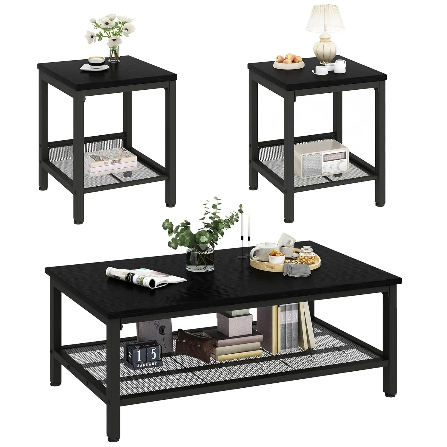 

3 Piece Coffee Table Set Metal Frame Square End Tables Living Room Apartment Home Office Black , Customizedd