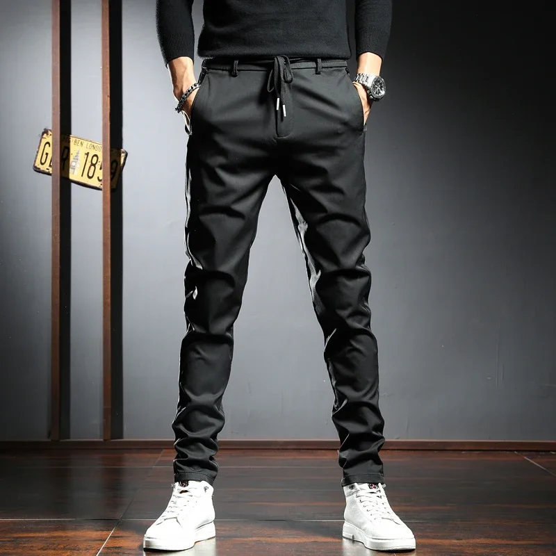 Men's Black Casual Pants Autumn Korean Style Golf Stretch Slim Fit Trousers