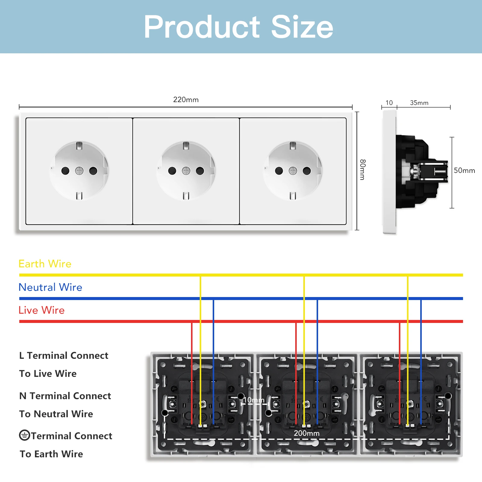 BSEED EU Standard 1/3/5 Pack Triple Wall Electrical Sockets Power Outlets Value Pack White Black Plastic Frame 16A view 6