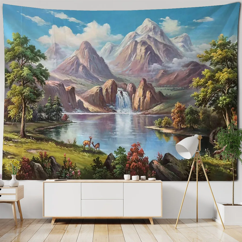 Landscape painting, living room decoration tapestry, landscape oil painting, wall hanging cloth, Bohemian hippie home decoration