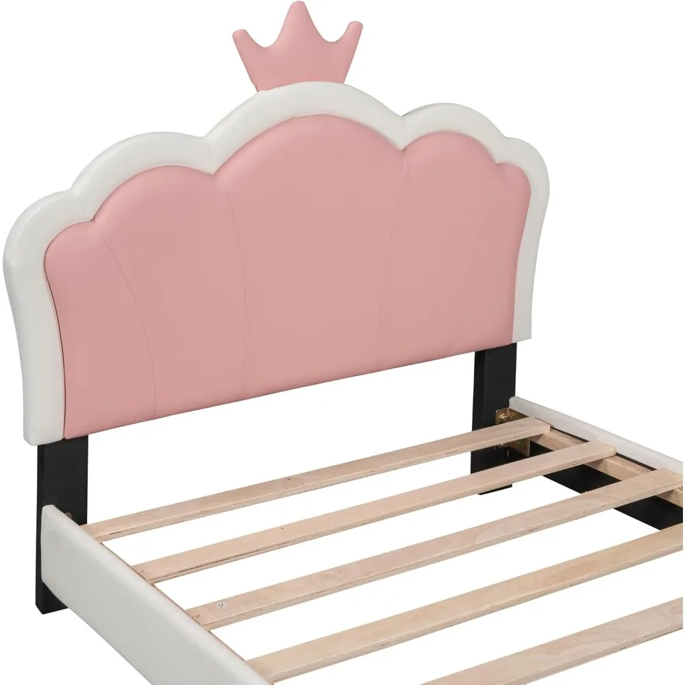 Bellemave Twin Size Princess Bed Frame with Crown Headboard, PU Upholstered Princess Twin Bed for Girls,Kids Twin Platform Bed