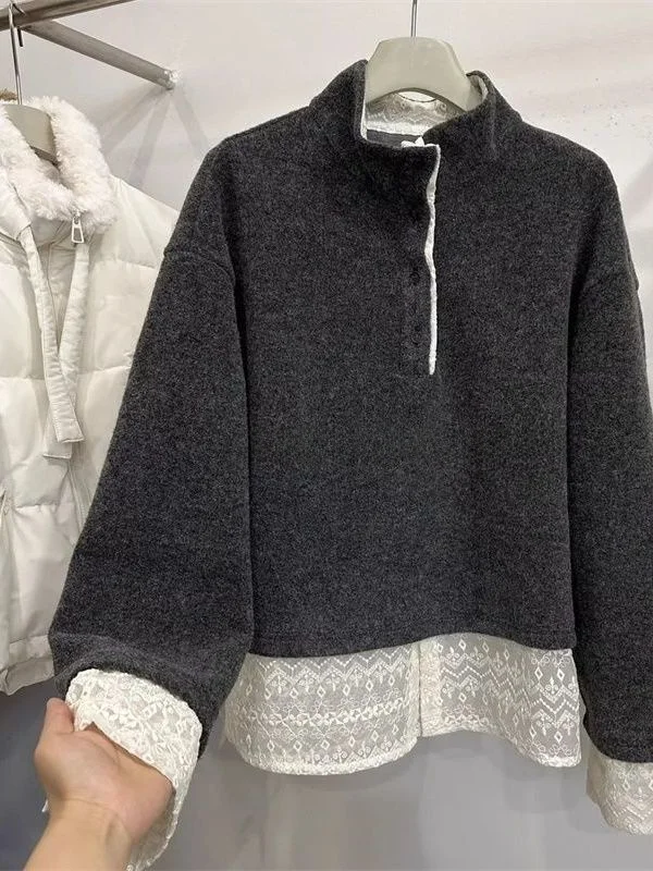 

Lace Splice Loose Fit Ribbed Knit High Collar Sweater Women's Autumn Winter New Style Slimming Inner Wear Dark Grey Polyester...