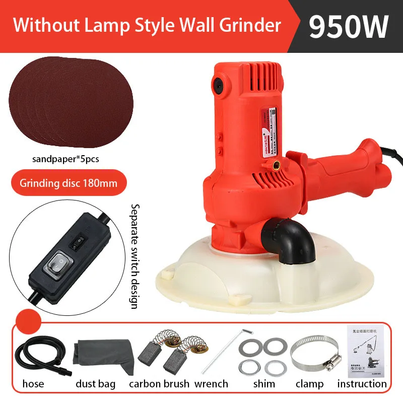 Portable Putty Grinding Machine 1250W 180mm DIY Variable Speed LED Strip Light Dust-free Outdoor Wall Sander