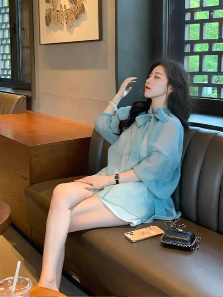 

Blue Slimming Short Pants Set plus Size Women's Autumn Fashion Korean Style Wide Leg High Waist Flattering Two Piece Suit