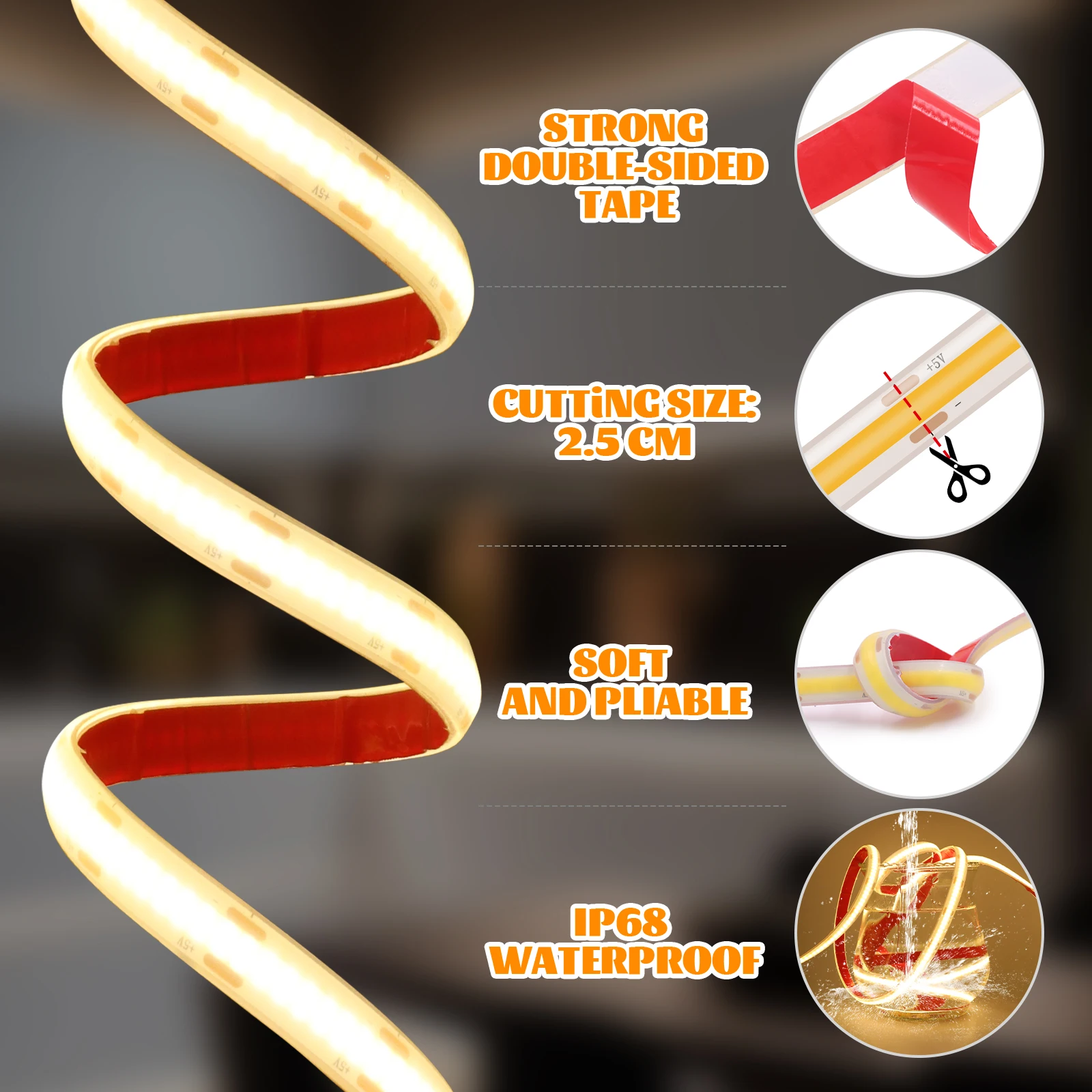 IP68 à prova d'água DC5V COB LED Strip Light 320LEDs/M Fita flexível com USB/Dimmer/Switch Outdoor Garden Kitchen Cabinet Backlight