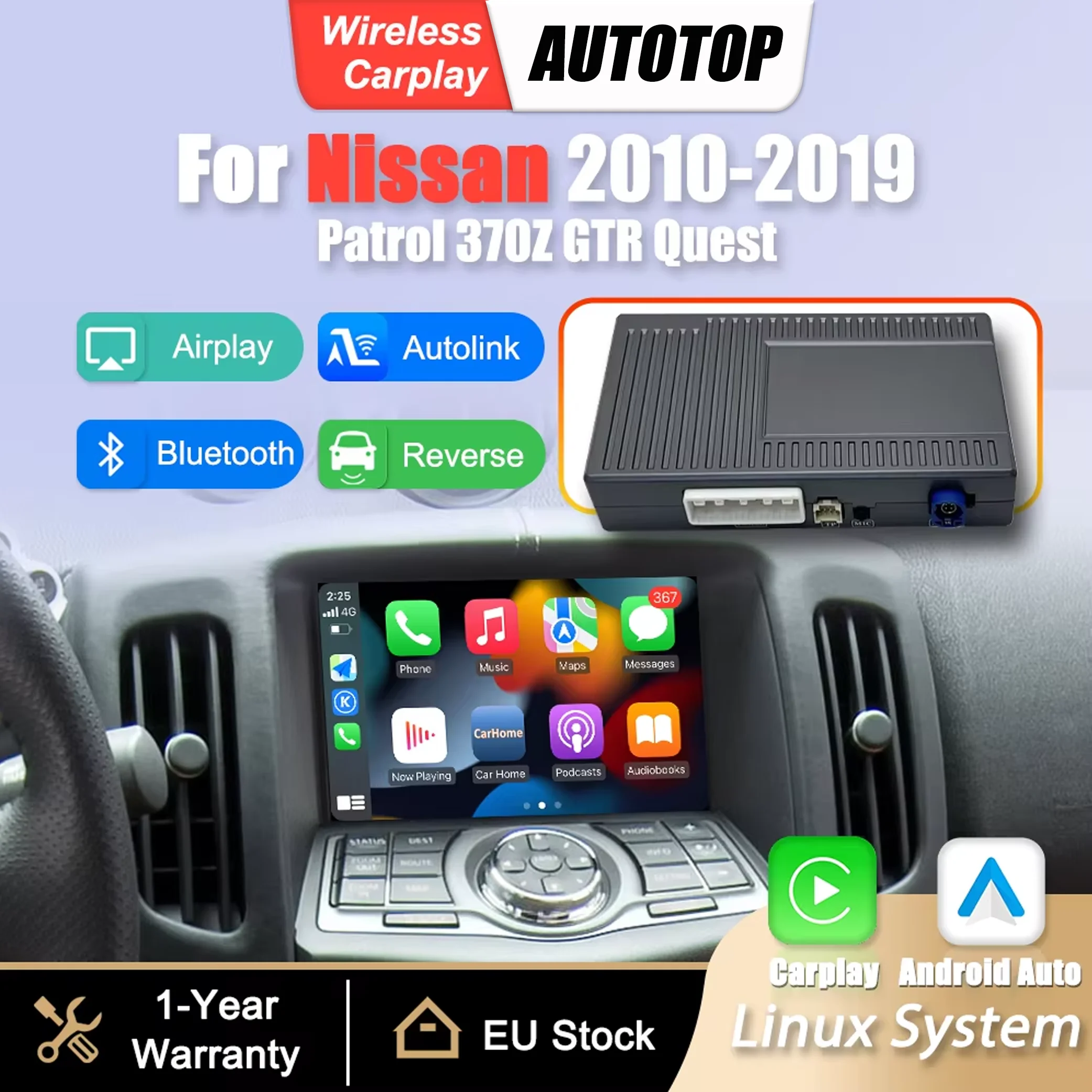 Boîtier adaptateur d'interface sans fil CarPlay Android Auto pour Nissan Patrol 370Z GTR Quest 2010-2019, Mirror Link, Airplay, BT, module de navigation GPS